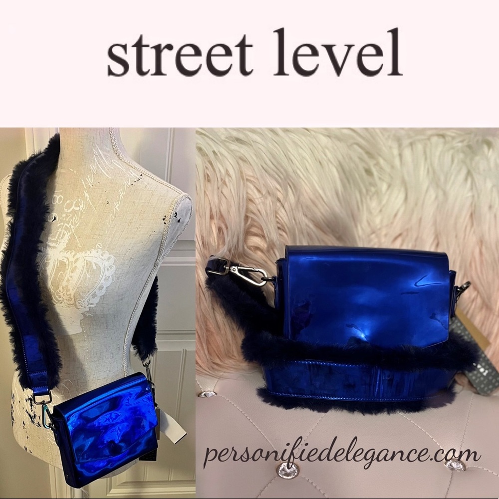 NEW Street Level Metallic Blue Faux Patent Leather Faux Fur Crossbody Bag